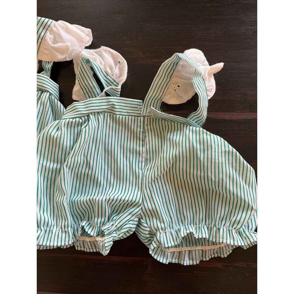 1980's CPK VTG Identical Twins Pack Green Striped Sunsuit Rompers Preemie Set 2 - Picture 7 of 10